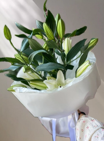 Букет «3 лилии в круглом оформлении» от интернет-магазина цветов в 